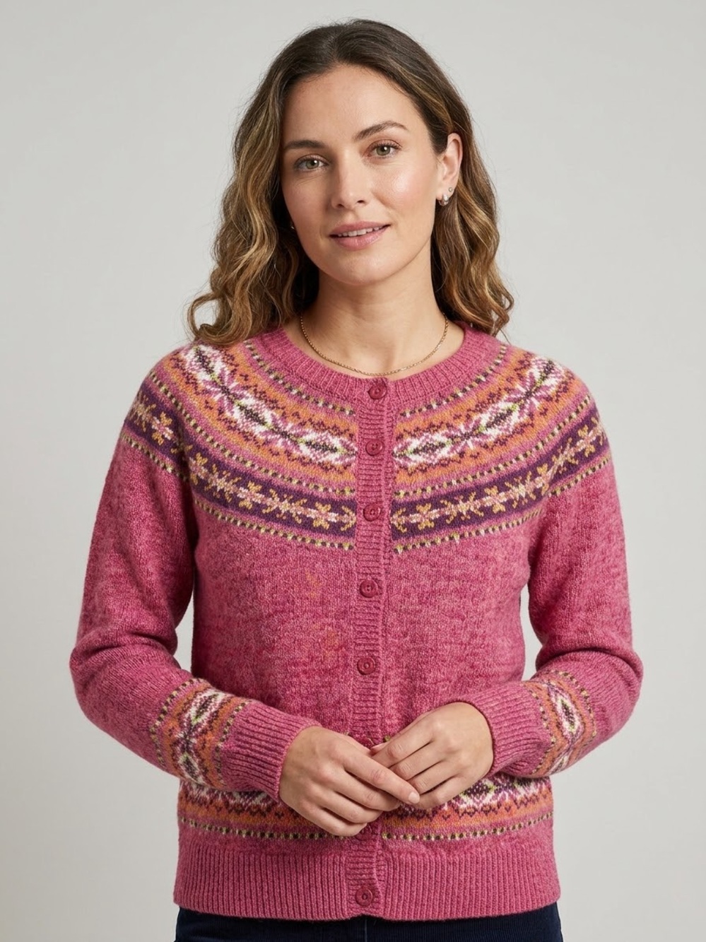 Pink Fair Isle Knit Cardigan Sweater | Cozy Vintage Style Nordic Button-Down Top